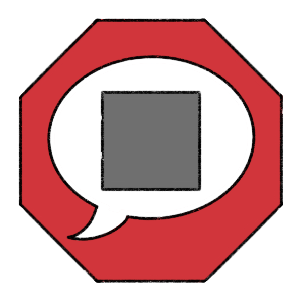  a red octagon stop sign with a speech bubble with a grey square inside it. 